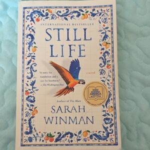 Still Life by Sarah Winman — White Book Cover with Blue and Orange Accents